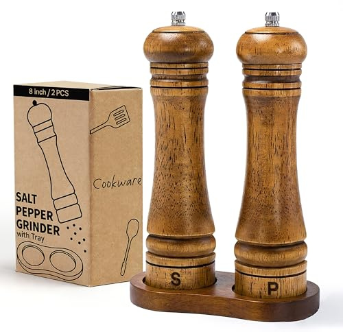 M JINGMEI Wooden Salt and Pepper Grinder Set, Premium Oak Wood Salt Grinders Shakers, Pepper Mill with S and P Engraving, Adjustable Ceramic Grinder (8″ - 2 Packs with Tray)