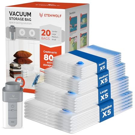 ETENWOLF 12 Pack Vacuum Storage Bags with Rechargeable Wireless Pump, Vacuum Seal Bags for Clothes and Travel, Space Saver Bags in Multiple Carry-On Sizes, Perfect for Luggage and Suitcases