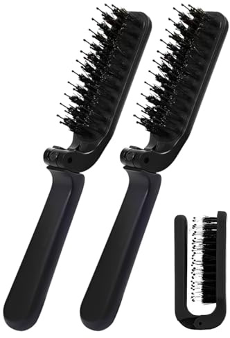 CULEB 2 Piezas Cepillo Pelo Viaje Plegable,Mini Cerdas de Jabalí Cepillo de Pelo Portátil,Herramienta de Peluquería para Hombres y Mujeres,para Cabello Rizado,Barba(Negro)