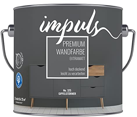 Impuls Premium Trend Wandfarbe 2,5L dunkelgrau extramatt matt Farbe Innenfarbe Vintage Shabby Retro Innenwandfarbe hochdeckend Trendfarbe Wand- und Deckenfarbe (Gipfelstürmer)