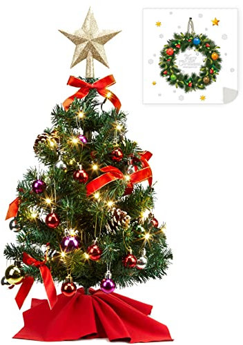 HAUSPROFI Weihnachtsbaum Künstlich LED 60CM, Mini Tannenbaum Künstlich mit Aufkleber/Lichterketten/20 Kugeln/Holzsockel für Büro Innen Weihnachtsdeko
