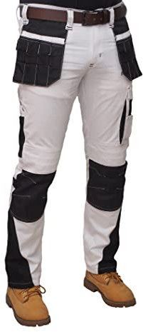HASHOOB Mens Work Trousers Painters Decorators White Cargo Combat Pants (GRN-WHITE3, 38W X 32L)