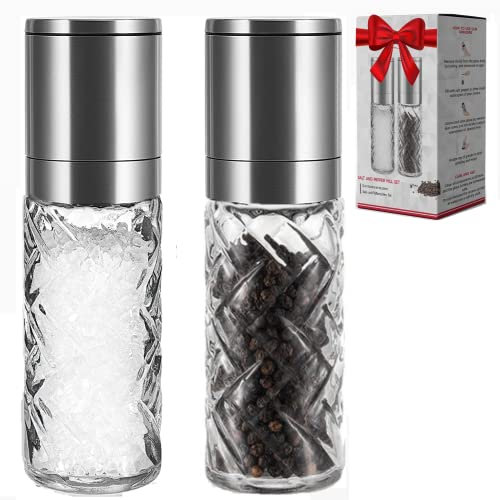 Beautiful Salt and Pepper Grinder Set Adjustable Coarseness Ceramic Grinder Refillable Stainless Steel Pepper Mills Glass x2 Kitchen Gift…