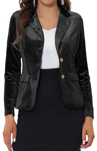 Allegra K Giacca da Lavoro da Donna in Velluto, Vintage, con Risvolto Dentellato e Bottoni sul Davanti, Nero, L