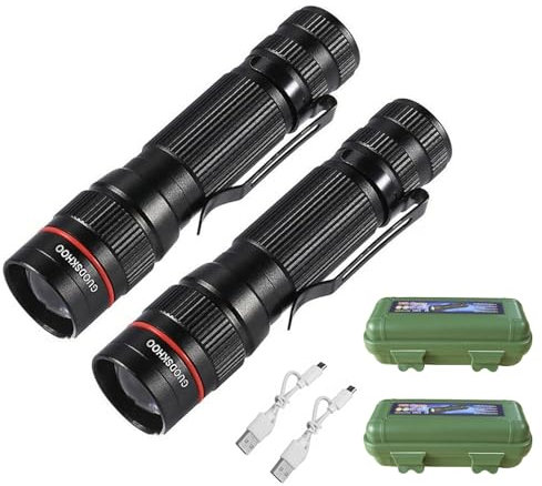 GUODSKHOO Lot de 2 Lampes de Poche LED Rechargeable Tactiques Lampe Torches Ultra Puissante par USB Avec Résistante à L'eau 3 Modes Flashlight pour Camping, Randonnée, Pêche