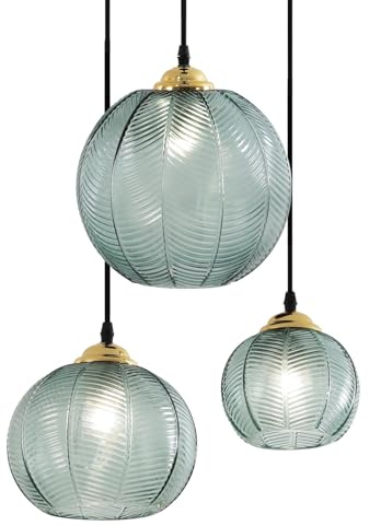 KCO Lighting - Lámpara Colgante Moderna de Vidrio a Rayas Verdes de 3 Luces, Araña Nórdica de Vidrio Acanalado, Diseño de Calabaza Verde, Estilo Mediados de Siglo