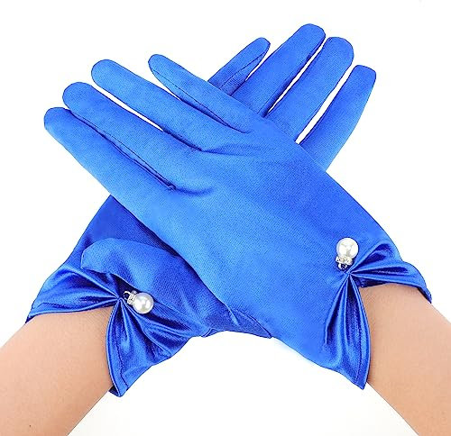 Yolev Blau Handschuhe Kurze Satin Handschuhe Damen Elegant Brauthandschuhe Blumenhandgelenk Spitzenhandschuhe Höflichkeits Sommer Hochzeits Oper Dinner Handschuhe Party Outfit