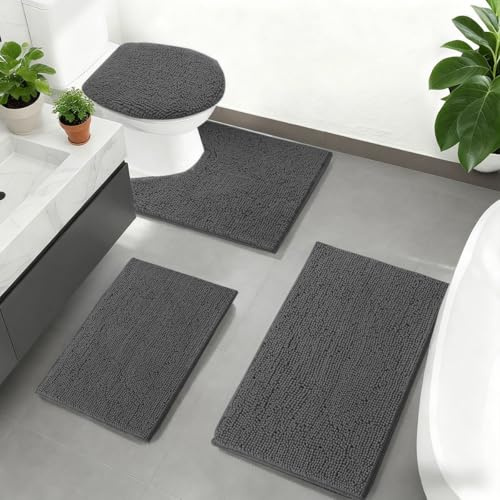 Grey Bathroom Rugs Sets 4 Piece with Toilet Lid Cover, Non Slip Bathroom Mats Extra Soft Chenille Bath Rug Absorbent Shaggy Rugs Perfect Plush Mats U-Shaped Toilet Rug and Toilet Cover Toilet