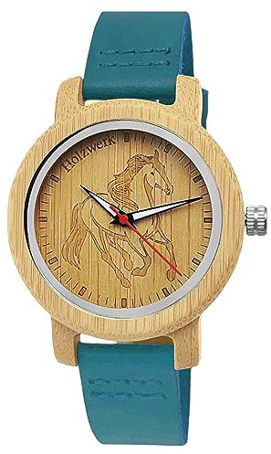 Holzwerk Germany Mädchen-Uhr Jungen-Uhr Kinderuhr Öko Natur Holz-Uhr Leder Armband-Uhr Analog Klassisch Quarz-Uhr Kinder Uhr mit Pferde Pony Motiv in Rot Schwarz Blau Türkis Braun (Türkis-Blau..)