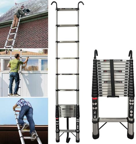 Scaletta Telescopica Acciaio inossidabile con 2 Ganci, 15 Gradini, 4,4 m Scala Allungabile, Scala Portatile e Leggera, Forte e Stabile, Multiuso, Portata 150 kg, EN131