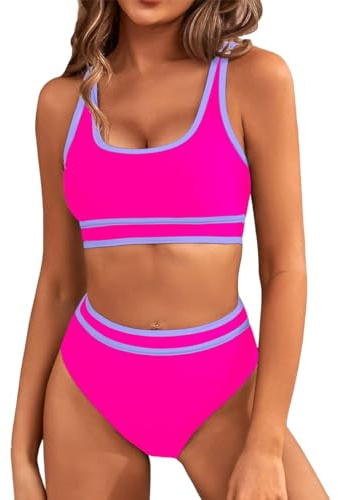 Bikinis Mujer Dos Piezas Sexy Push Up Bañadores Deportivo Conjunto de Bikini Reductores Bañador de Playa Cintura Alta Traje de Baño de Tanga Brasileño Tankini con Relleno (Rojo Rosa, L)