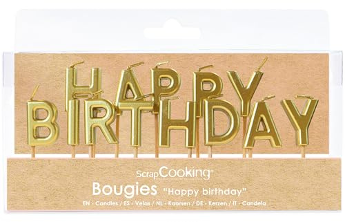 ScrapCooking - Candele Dorate Happy Birthday - Candele di compleanno oro Lettere - Decorazione per bambini adulti - Paraffina con picchi - Accessorio per feste pasticceria - 4824