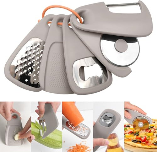 Lot de 5 gadgets de cuisine, râpe à fromage, décapsuleur, éplucheur de fruits, légumes, roulette à pizza, moulin à ail et gingembre, outils de cuisine empilables pour économiser de l'espace pour la