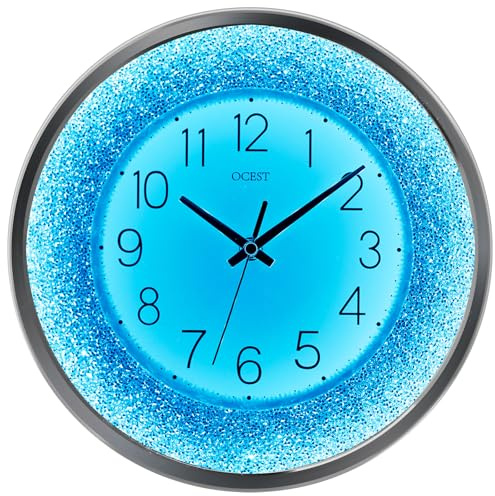 OCEST 12 Inch Wall Clocks Crushed Diamond Night Light, Silent LED Sparkle Glow in The Dark Decorative Large Display Clock for Bedroom, Living Room, Kitchen - Silver