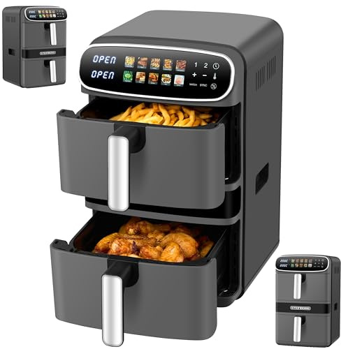 Steinborg® Heißluftfritteuse XXL 12 Liter Doppelkammer Heißluft-Frittieren Heissluftfritteuse 2 vertikale Schubladen 6L+6L Grillen Backen Dörren Frittieren Fritteuse ohne Öl Heißluftofen