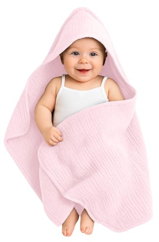 ROEOWENE Asciugamano con Cappuccio per Neonati 80 x 80 cm Cotone Mussola Accappatoio Neonato Morbido Super Assorbente Mantella da Bagno per Bambini Asciugamano per Regalo-Rosa