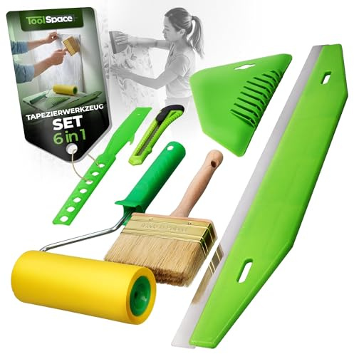 ToolSpace Kit Completo Tappezzeria 6 Pezzi Rullo Pressore Poliuretano Spatola 29 cm Forbice 18 mm Spatola Taglio 60 cm Spazzola 110 Carta da Parati Vinile Tessuto Non Tessuto Posa Liscia Professionale