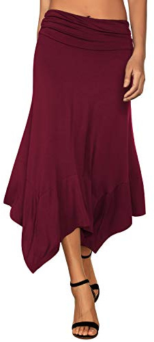 DJT Women's Flowy Handkerchief Hemline Midi Skirt Medium Wine Red