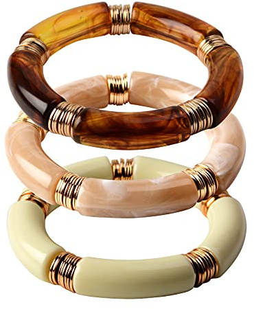 GOOJIDS Simple Beaded Gold Plated Bangles Bracelet Chunky Bamboo Tube Curved Stacking Acrylic Colorful Beads Stretchable Gold Plated Bracelets Set For Women