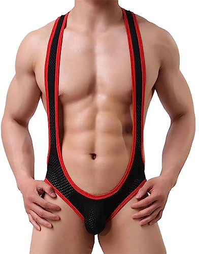 Men's Sexy Jockstrap Mesh Suspender Bodysuit Wrestling Singlet Jumpsuit One-Piece Stretch Thong Leotard Beach Swimwear Briefs Breathable Mankini Underwear (UK, Alpha, L, Regular, Regular, Black)