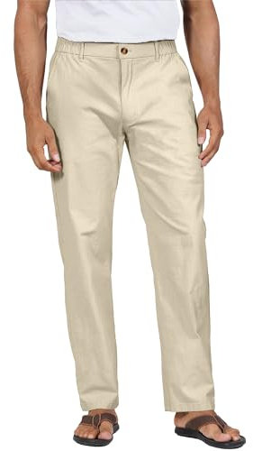 YAOHUOLE Freizeit Hose Herren Lang Herren Leinenhose Lang Herren Freizeithose Lang Khaki 2XL