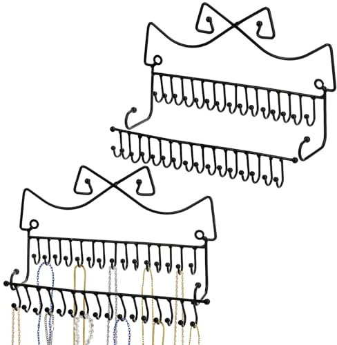 Hedume Set of 2 Jewelry Organizer, Wall Mounted Black Metal Necklace Holder with 20 Fixed Hooks and 20 Removable Hooks, Jewelry Display Storage Rack for Necklaces and Bracelets