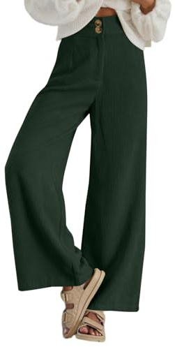 Sidefeel Wide Leg Pants for Women Fall Casual High Waisted Loose Fit Button Stretchy Corduroy Pants with Pockets Dark Green L