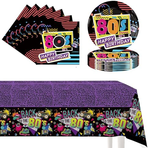 POPOYU 37Pcs Retro 80s Party Paper Tableware Set,Back to 80sParty Plates Napkins Serviettes and Table Cloth,80s Birthday Table Decorations for Men Women Retro Back to 80sThemed Party Supplies