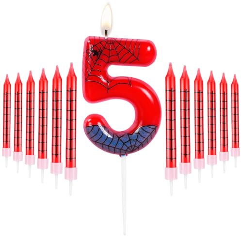 URAQT Birthday Candle 3D Shape, Blue Red Candles with Spider Web, Spider Birthday Number 5 Candle Decoration,Suitable for Spider Theme Birthday Anniversary Wedding Party Graduation Party