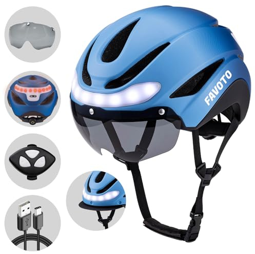 Favoto Casco da Bicicletta con Luce - Caschi Ciclismo per Uomo Donna Adulti con Luci Posteriori Circonferenza Regolabile Visiera Rimovibile L 59-61cm Blu