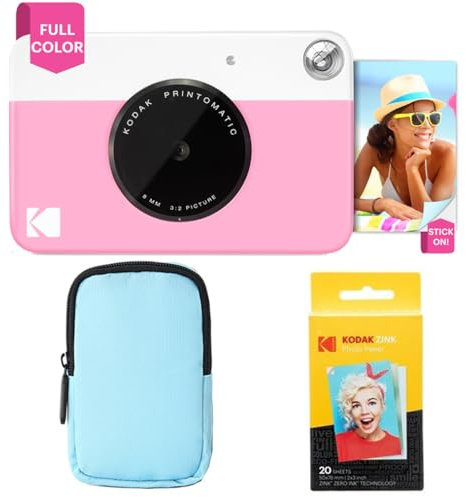 KODAK Printomatic Paquete básico de cámara con impresión instantánea a Todo Color + Estuche Blando + Paquete de 20 Papeles fotográficos Zink - Fotos Coloridas en Papel Adhesivo de 2 x 3 - Rosa