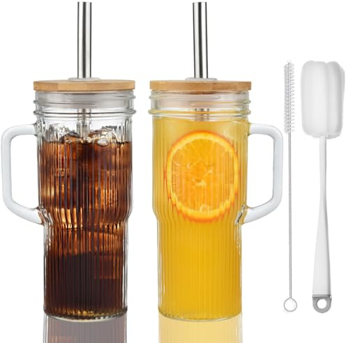 VITEVER 24Oz Ribbed Glass Tumblers with Lids and Straws, Glass Tumbler with Handle, Vintage Glass Cups Thick Drinking Glasses Set of 2, Ideal for Iced Coffee, Smoothies, Cocktails, Tea and Juices
