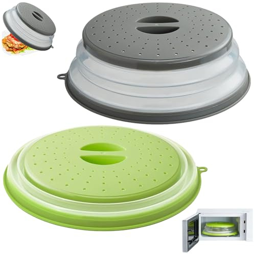 2Pcs Copertura Riscaldamento Antischizzi Microonde Pieghevole 26.5cm con Fori Vapore, Cesto Filtro Plastica con Ganci per Lavare Frutta Verdura Alimenti,Coprivivande Antispruzzo con Manico(Gris+Verde)