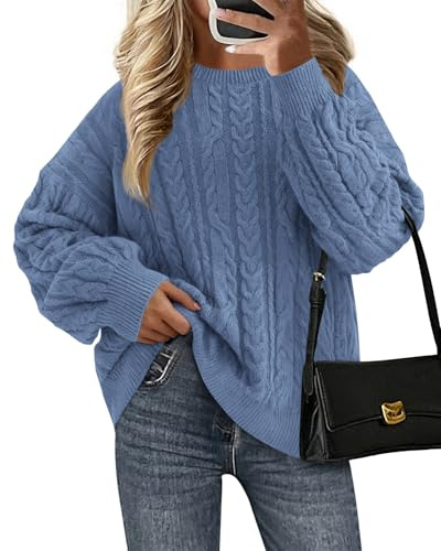 KIRUNDO Oversized Chunky Cable Knit Sweater Women 2026 Fall Fashion Cozy Long Sleeve Crewneck Pullover Winter Clothing(Blue, XX-Large)