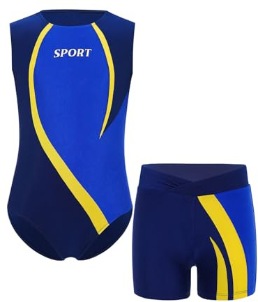 Oyolan Enfant Justaucorps Gymnastique Garçon Leotard Danse Ballet avec Short Gym Sport Ensemble Tenue Dancewear 5-16 Ans B Bleu marine 5-6 ans