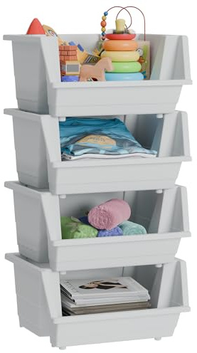 Knight 40L Stackable Open Storage Boxes | Multi-Purpose Plastic Storage Containers for Home, Office & Garage | Storage Bins for Clothes,Toys, Tools & Household Storage | White - 4Pack.