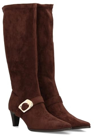 shoes&blues.es 97360 Bota Alta para Mujer con Punta Fina y Tacon, Estampado Liso Elegante. Hebilla Grande Decorativa. Ideal Temporada Otono Invierno. Marron Talla 38