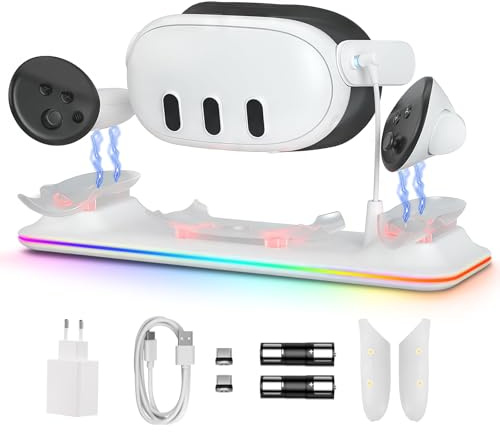 GEEKERA Base de Carga Compatible con Meta Quest 3: Estación de Carga Magnética para Casco y Mandos, con Adaptador de 18 W, 2 Baterías Recargables y Luces RGB, Accesorios VR para Jugadores
