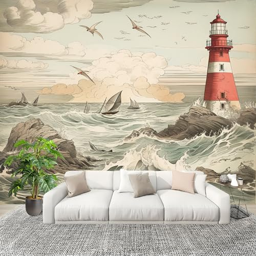 Superficies Pintadas Olas Del Mar Faro Fotomurales Pared Papel Pintado 200x140 cm Arte Tejido No Tejido Fotomurales Dormitorio Para la sala Decoración de pared tipo póster Fondo De Pantalla