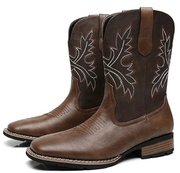 Botas Vaqueras de Hombre Western con Punta Cuadrada, Bordadas, de Cuero PU, Altura Media hasta la Pantorrilla, para Montar en Rancho, Trabajo y Uso Casual,Marrón,42 EU