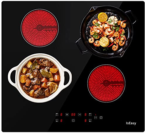 IsEasy Placa vitrocerámica de 4 Zonas, Placa de cocina vitrocerámica 60 cm 4 Zonas, 6000 W, temporizador, 9 niveles de potencia, Bloqueo Seguridad para Niños