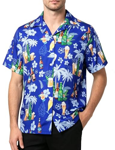 Amycute Men's Hawaiian Shirt Short Sleeve Button Down Beer Print Tropical Casual Summer Shirt for Stag Do Pub Festival