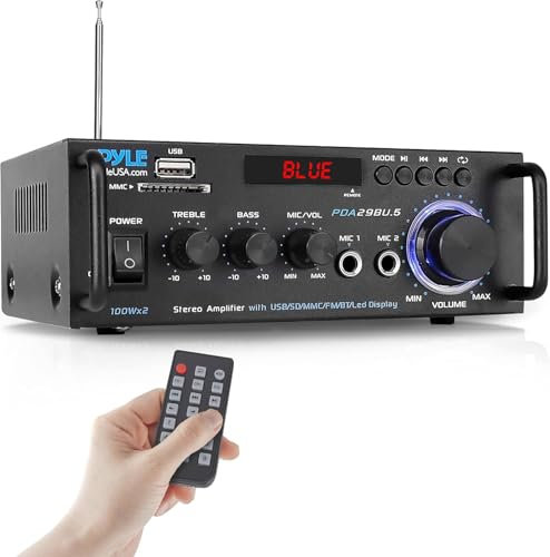 Pyle Wireless Bluetooth Stereo Power Amplifier - 200W Dual Channel Sound Audio Stereo Receiver System w/RCA, USB, SD, MIC IN, FM Radio, For Home Theater Entertainment via RCA, Studio Use