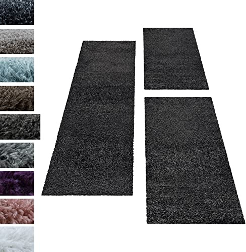 Carpettex Bettumrandung Schlafzimmer 3teilig Shaggy Teppich Hochflor Läuferset Design Grau Bettset:2 mal 60x110 + 1 mal 80x250 - Bettvorleger Schlafzimmer Flauschig Langflor Bettumrandung Teppich Set