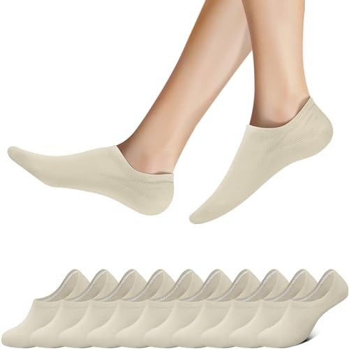 Falechay Chaussettes Basses pour Femme 10 Paires Hommes Invisible Socquettes Antiglisse de Sport en Coton Beige 35-38