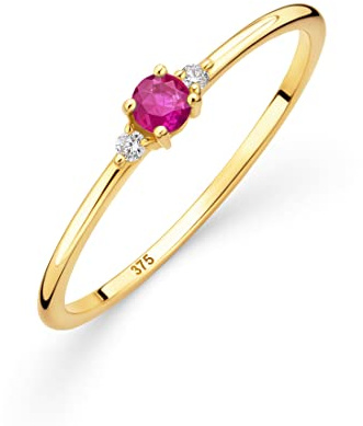Orovi Anello da donna in oro con zaffiro/ametista/rubino/smeraldo/topazio e 2 diamanti 0,03 ct, anello trilogia, anello di fidanzamento, gemma, oro giallo 9 carati (375)