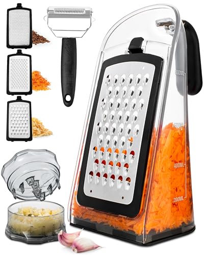 Cheese and grater with Garlic Crusher - Stainless Steel Box Grater - Kitchen Cheese Shredder with Handle - Garlic Mincer Tool and Vegetable Peeler