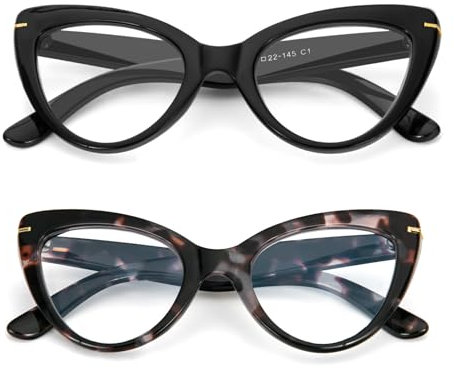 Kodilin Confezione da 2 Occhiali da Lettura Cat Eye Donna con Occhio di Gatto - Occhiali anti-blu Comodi e Alla Moda Grande Nero+tartaruga grigio 2.5