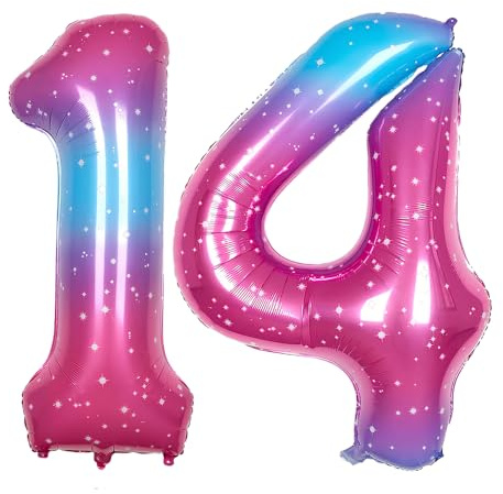 Ponmoo 40 inches Foil Balloons Numbers 14/41 Pink-Blue Gradient (101cm), Inflatable Helium or Air, Giant Balloon Number 0-9, 10-100, Grand Balloons for Anniversary Wedding Birthday Party Decoration