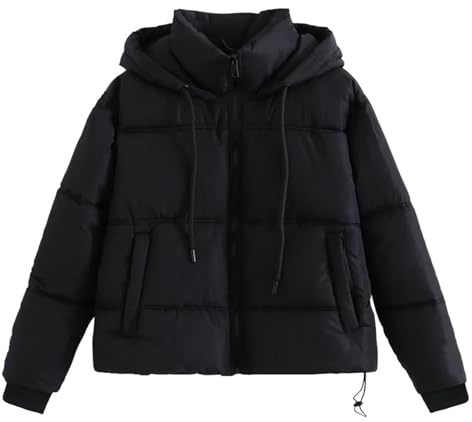 Cropped Puffer Jacket for Women Baggy Hooded Puffy Cotton-Padded Clothes Winter Thicken Thermal Warm Short Down Coats/UK Size/Teenage Girls Ladies Clothes Black